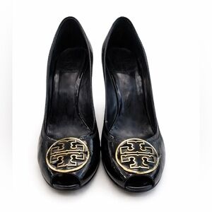 Tory Burch Patent Leather Black Wedge Gold Logo Medallion